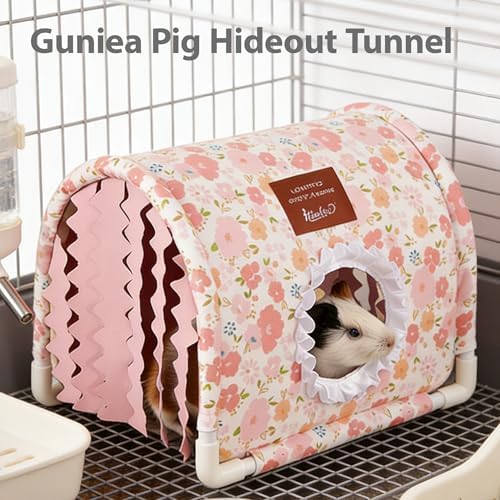 Guinea Pig Hideout Tunnel - Stable Washable Small Animal Tunnel Hide with Curtains,Guinea Pig Accessories for Hamster/Chinchilla/Dwarf Rabbit/Ferret (Pink, Large)