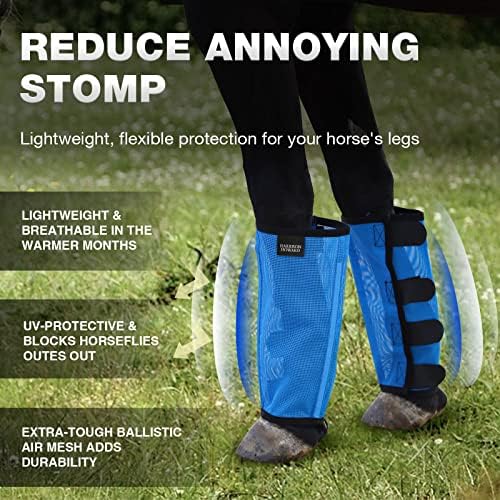 Harrison Howard Loose Fitting Fly Boots UV-Protective Extra Tough Mesh Ventilated Four Fasteners Stay-on Design Protect Horse Legs & Stomp-Reducing Set of 4 Sky Blue Pony