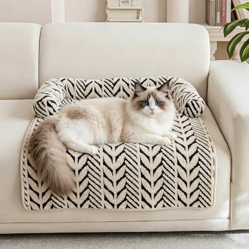 Cat Bed Blanket with Pillow, 31.5''x35.5'' Washable Pet Sofa Cover, Couch Protector Pet Blanket Cat Mat, Non-Slip Furniture Protector Mat (Black & White Leaf-Patterned)