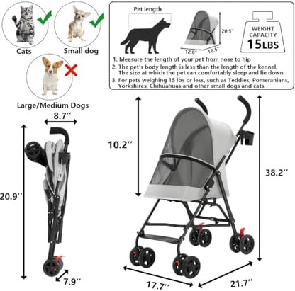 Cat Stroller Foldable Lightweight for Small Dogs Cats 0-15 lbs,Gray