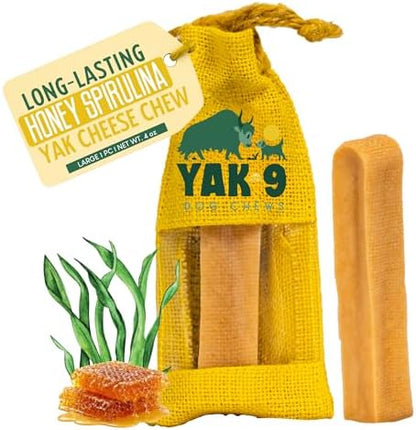 Yak9 Himalayan Yak Cheese Dog Chew, Honey & Spirulina | High Protein Treats, High Fiber, Rawhide Free, Long Lasting Treats | Large Yak Chew, 1 PC