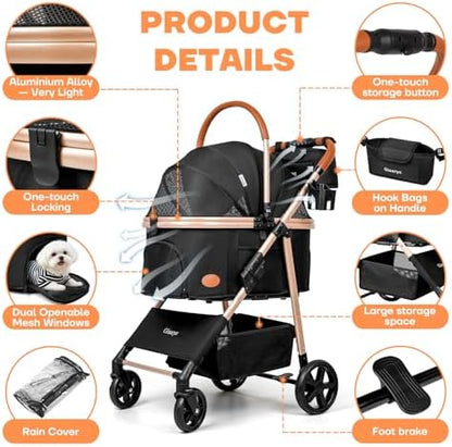 Dog Cat Stroller for Small/Medium Pets, 50 lbs, 3-in-1 Pet Stroller, Black