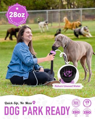 lesotc Dog Water Bottle Portable, 28oz Portable Dog Water Bottle with Bowl, Leak Proof Travel Bowl Dispenser for Dogs, One-Hand Squeeze Puppy Essentials for Walking, Hiking, Camping