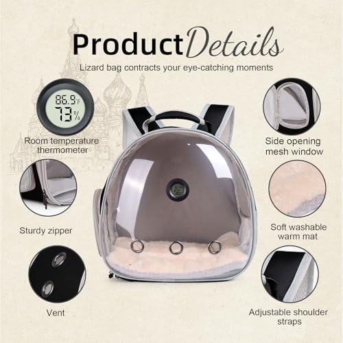 Bearded Dragon Backpack Carrier w/Reptile Thermometer Hygrometer, Clear Bubble Window Astronaut Space Capsule Travel Bag for Leopard Gecko, Ball Python, Lizard, Hermit Crab, Spider, Guinea Pig