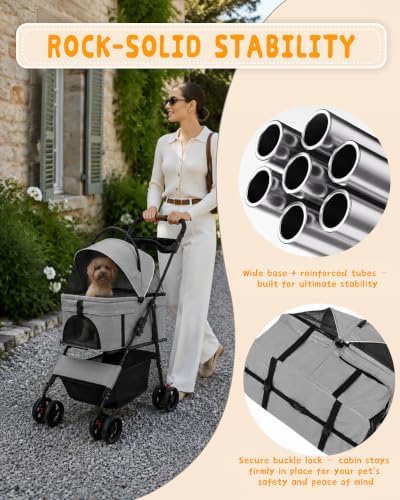 Pet Stroller, 3 in1 Foldable Dog Cat Stroller with Detachable Carrier-Gray