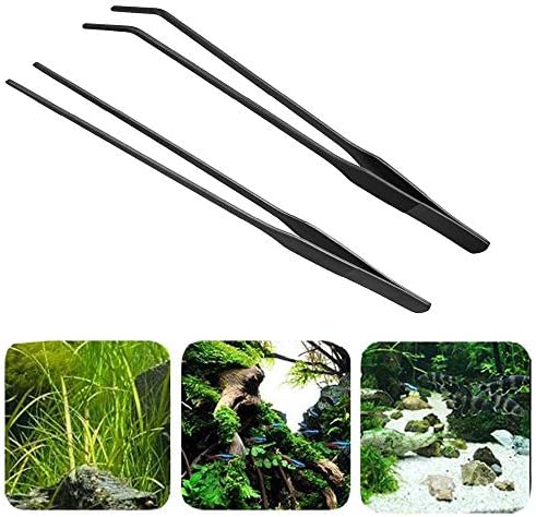 2PCS Aquarium Tweezers Stainless Steel Straight and Curved Tweezers Set Long Handle Reptile Feeding Tongs for Aquatic Plants Lizards Spider Snakes Garden Repairing - 10.6inch, Black