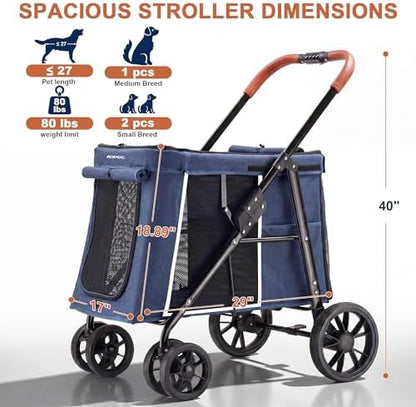 Medium Dog Stroller, Dual Entry One-Touch Folding,Small and Medium Pet Stroller,360° Rotating Front Wheels,70 lbs Weight Capacity for Outdoor Travel and Elderly Dogs - Blue