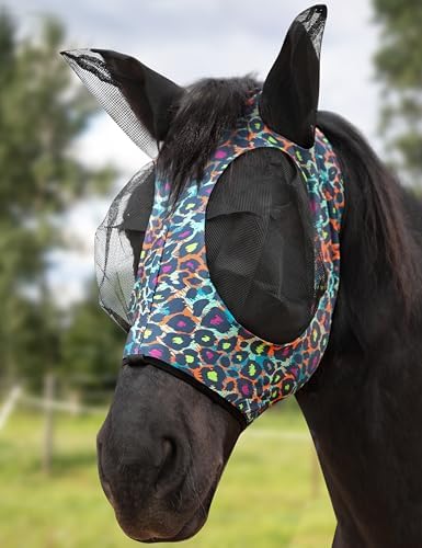 Harrison Howard Stretch Fly Mask with Forelock Opening and Patterns Comfortable Breathable Snug Fitting Horse Fly Mask Leopard M