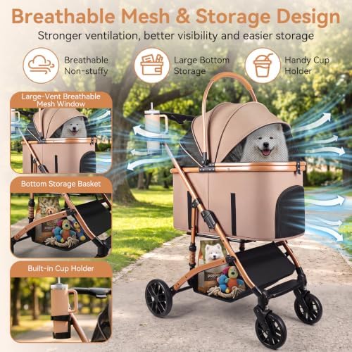 Heavy Duty Pet Stroller, 3-in-1 Dog & Cat Stroller with Detachable Carrier & Car Seat, 132 lbs Capacity for 1 Large/2 Medium Pets, Aluminum Alloy Frame, Shock Absorption, One-Touch Dual Brake, Khaki