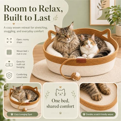 Instinct Cat Basket Bed, Handwoven Cotton Rope Cat Bed with Toy Ball and Cat Ear Handles, Breathable Scratch-Friendly Round Woven Basket for Indoor Cats and Kittens Brown