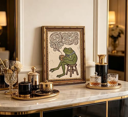 Vintage Gold Framed Frog Wall Art, Funny Frog Drinking Coffee Canvas Print, Whimsical Animal Wall Decor, Cottagecore Picture Poster, Rustic Farmhouse Artwork for Nursery Bedroom Living Room