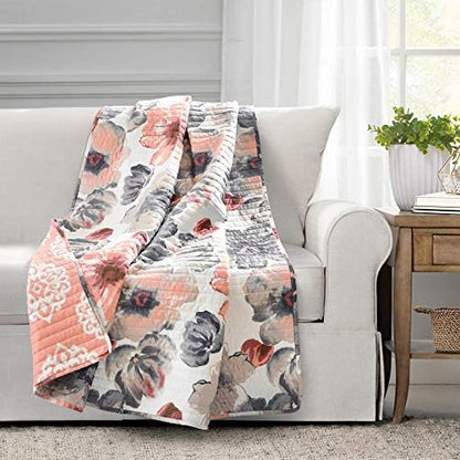 Lush Decor Leah Reversible Throw Blanket, 50" W x 60" L, Coral & Gray - Large Blooming Watercolor Flowers - Charming Quilted Floral Blanket For Bed, Couch, Or Chair