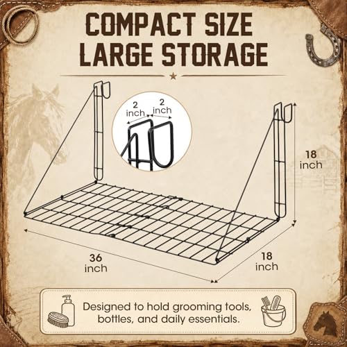 Gisafai 36'' x 18'' Portable Hanging Shelf for Horse Show, Foldable Metal Mesh Tack Shelf, for Horse Trailer, Tack Room, Barn, Stall Organizer Rack Holds Equestrian Items, Folds for Easy Transport