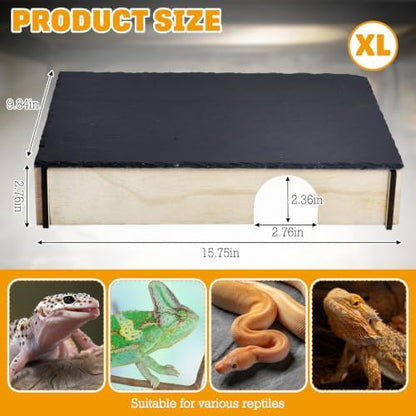 PINVNBY Large Bearded Dragon Basking Platform, Wooden Snake Hide, Ball Pythons Hide with Slate Rock, Leopard Gecko Tank Accessories for Crested Gecko Chameleon Turtles (XL: 15.7x9.84x2.76 inches)