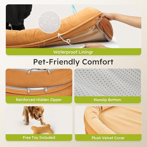 CWAWZ Jumbo Orthopedic Dog Bed, Big Dog Beds for Extra Large Sized Dogs with Full-Surround Bolsters, Dual-Sided Dog Cooling Bed with Memory Foam, Washable Pet Sofa Couch with Nonslip Bottom, Brown