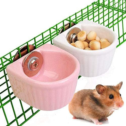Small Animals Bowl, Detachable Cage Feeder Pet Ceramic Water & Food Feeder, Small Animal Supplies for Rabbit Parrot Squirrels Chinchilla Hamster Ferret (White, S)