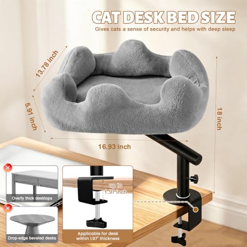 Cat Desk Bed, 360° Rotatable Adjustment Desk Cat Bed, Supports 40 lb, Detachable & Washable Cat Bed for Desk with Soft Faux Fur, for Remote Workers, Office Staff and Gamers