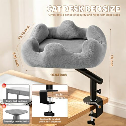 Cat Desk Bed, 360° Rotatable Adjustment Desk Cat Bed, Supports 40 lb, Detachable & Washable Cat Bed for Desk with Soft Faux Fur, for Remote Workers, Office Staff and Gamers