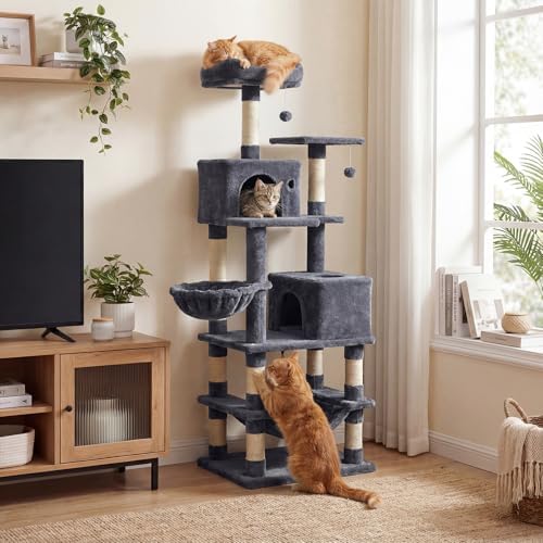 DORTALA Cat Tree for Indoor Cats, 66" Tall Cat Tower with 2 Condos, Sisal Scratching Posts, Plush Perch, Hammock, Dangling Balls, Multi-Level Pet Climbing Furniture Activity Center (Dark Gray)