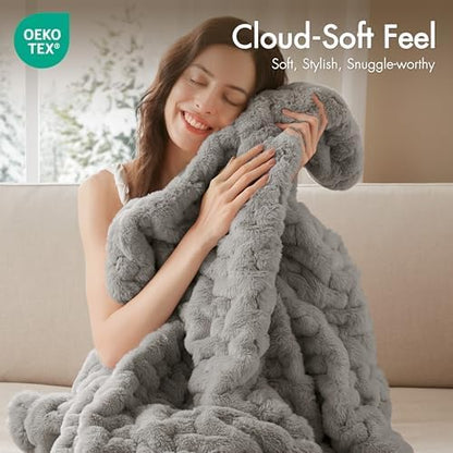 Madison Park Ruched Fur Throw Faux Fur Blanket for Sofa, 50" x 60", Grey