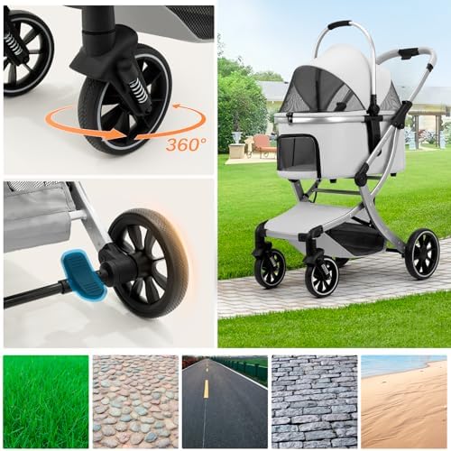 3 in 1 Pet Stroller for Small/Medium Dogs & Cats with Detachable Carrier, Storage Basket and Pet Pad, 4 Wheels Foldable Pet Travel Carrier for Car Seat & Hand Carry, Safe Outings (Grey)