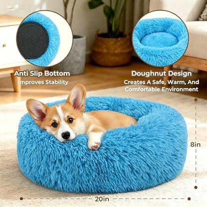 Calming Donut Dog and Cat Bed for Indoor Cats, Anti-Anxiety Round Fluffy Soft Washable Small Pet Bed for Puppy and Kitten, Warming Comfortable Luxury Anti-Slip Waterproof Mute Base 20in Light Blue