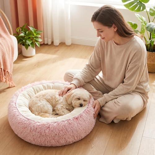 Calming Donut Pet Bed, Fluffy Long Fur Outer & Short Fur Inner, Sweat-Free & Cozy, Non-Slip Bottom, for Small Medium Dogs, Cats, Puppies & Kittens (Pink, 23.6 in)
