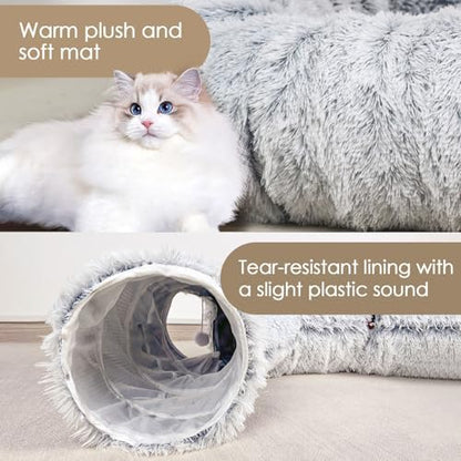 Baseola Fuzzy Cat Tunnel Bed for Indoor Cats, 2-in-1 Interactive Cat Toys