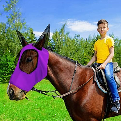 Weewooday 2 Pcs Horse Fly Mask with Ears, Soft Stretchy Horses Face Masks for Flies, Breathable Mesh Eye Cover, UV Protection Horse Masks for Pasture, Barn, Turnout(M,Purple, Pink)