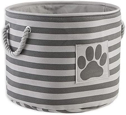 Bone Dry Pet Storage Collection Striped Paw Patch Bin, Medium Round, Gray