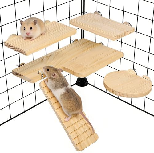 Hamster Cage Platform L-Shaped Wooden Hamster Cage Accessories Rat Climbing Toys Ledge with Ladder for Sugar Glider Mice Mouse Squirrel (M)