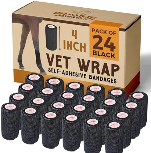 24 Pack Premium Vet Wrap - Self Adhesive Bandage Wrap & Athletic Tape - 4" x 5 Yards Elastic & Self-Sticking Cohesive Bandage for Pets, Sports, Wrists & Ankles - Black by Prairie Horse Supply