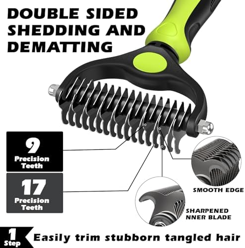 Professional 3PCS Self Cleaning Slicker Brush & Pet Grooming Rake & Flea Comb for Dogs,Cats and Horses | Double-Sided Dematting Comb & Skin Friendly Deshedding Grooming Tool | Pet Supplies (Green)