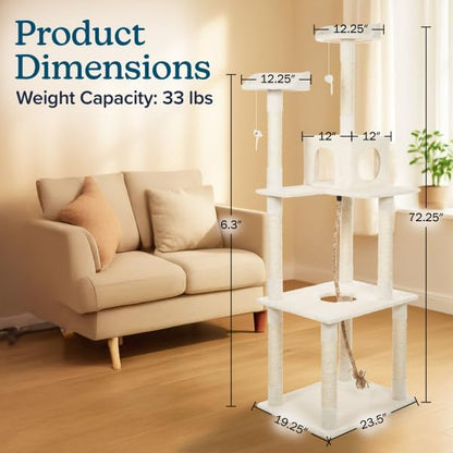 Cat Tree - 6-Foot Cat Tower for Indoor Cats with Napping Perches, Kitty Condo, 9 Cat Scratching Posts, 2 Hanging Toys, and Rope by PETMAKER (Ivory)