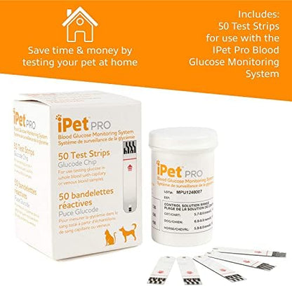 iPet PRO Blood Glucose Test Strips, 50 Count, Designed for Dogs and Cats