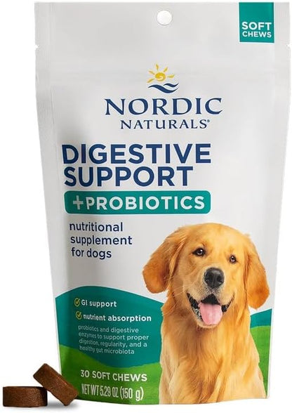 Nordic Naturals Pet Digestive Support with Probiotics, Pork Bone Broth Flavor - 30 Soft Chews - Nutritional Supplement for a Healthy Digestive System and GI Support - 30 Non-GMO Chews