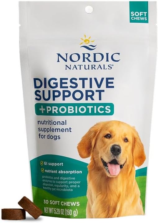 Nordic Naturals Pet Digestive Support with Probiotics, Pork Bone Broth Flavor - 30 Soft Chews - Nutritional Supplement for a Healthy Digestive System and GI Support - 30 Non-GMO Chews