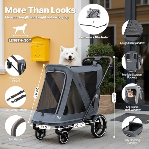 Beberoad Dog Stroller for Large Dogs, 2-in-1 Pet Stroller & Dog Bike Trailer, R7 All-Terrain ER Tires with Shock Absorption, One-Hand Fold, 360° Mesh Ventilation, Waterproof Removable Fabric