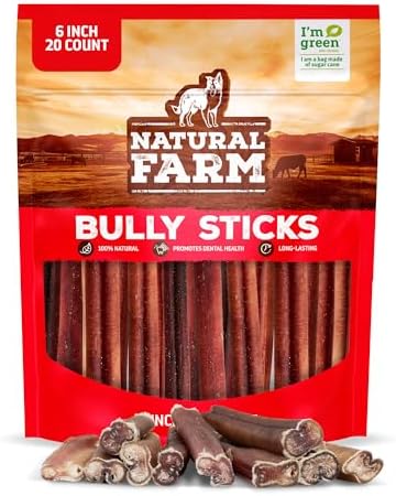 Natural Farm Odor-Free Bully Sticks (6 Inch, 20 Pack), 100% Beef Chews for Pups, Small and Medium Dogs, Non-GMO, Grain-Free, Fully Digestible, Natural Treats to Keep Your Dog Busy