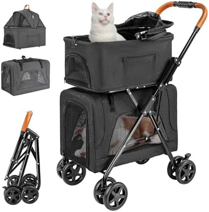 Double Cat Stroller for 2 Cats or Dogs, Detachable Carriers, Black