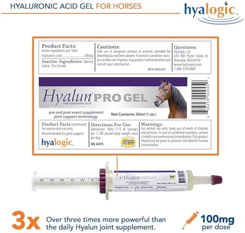Hyalogic Hyalun PRO Gel – Hyaluronic Acid Horse Joint Supplement – Pre & Post Event Booster – 30cc Equine Syringe Oral – 3 Full Administrations Hyalun 100mg Pure Hyaluronic Acid (HA)