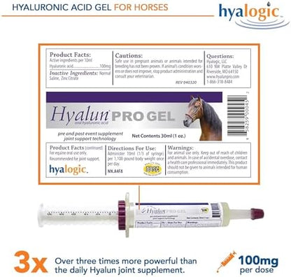Hyalogic Hyalun PRO Gel – Hyaluronic Acid Horse Joint Supplement – Pre & Post Event Booster – 30cc Equine Syringe Oral – 3 Full Administrations Hyalun 100mg Pure Hyaluronic Acid (HA)