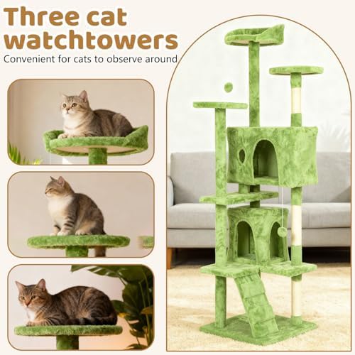 BestOffice 70 Inch Cat Tree, Multi-Level Cat Tower with Condo, Perches, Sisal Scratching Posts, Climbing Ladder,Indoor Activity Center Play House for Kittens & Adult Cats, Green