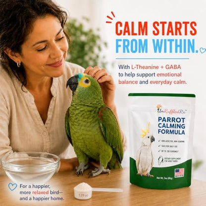 UnRuffledRx Parrot Calming Supplement, L-Theanine & GABA Powder for Fireworks & Travel, Parrots, Cockatiels & Parakeets, 3 oz