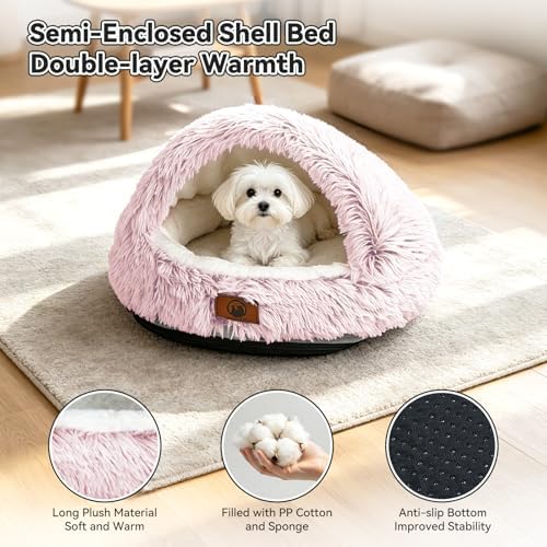 YooxArmor Round Covered Cat Bed Cave Dog Bed for Small Medium Pets,Pink,M