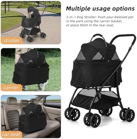 Pet Stroller Quickly Folds for Easy Storage Cat Stroller with Detachable Carrier Thickened Oxford Cloth Breathable Basket Dog Strollers for Small Dogs (Black)