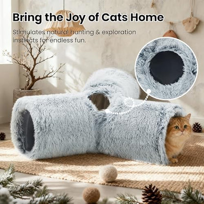 Tempcore Plush Cat Tunnel, 3-Way Collapsible Toy for Indoor Cats, Grey