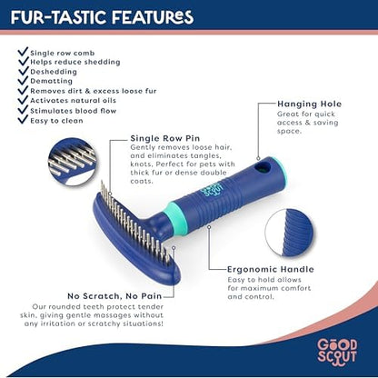Good Scout Pet Hair Rake with Single Row Rotating Pins, Best Deshedding Tool for Dogs & Cats, Gentle, Safe & Effective Grooming Tool for Short or Long Haired Animals