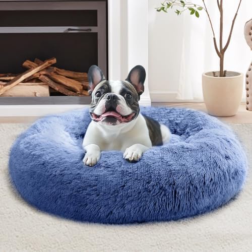 JOLLYVOGUE Calming Dog Bed Medium Size Dog, 31in Donut Washable Medium Pet Bed, Anti-Slip & Anti-Anxiety Fluffy Faux Fur Round Dogs Bed, Fits up to 45 lbs Pets (Navy Blue)