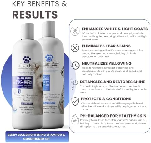 Lillian Ruff PRO Formula Berry Blue Brightening Dog Shampoo & Conditioner Set - Professional Show-Quality Whitening, Stain & Odor Eliminator, Hydrating Relief for Dry Skin, ProVitamin B5, USA Made